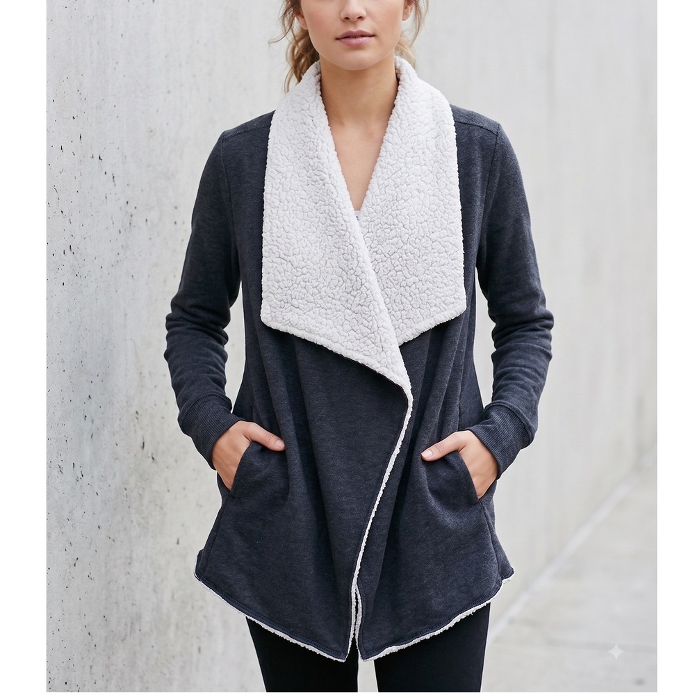 Mossimo Cozycore Gray Cardigan Faux Sherpa Wide Collar Pockets Womens Medium